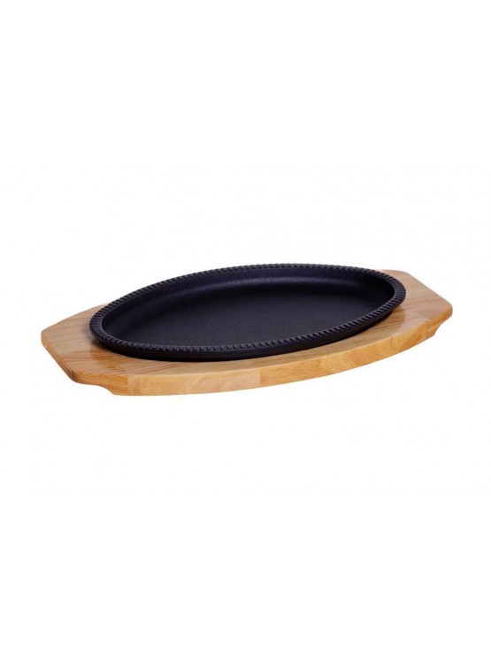 Prato Oval em Ferro Fundido com Base de Madeira 28 × 17 cm