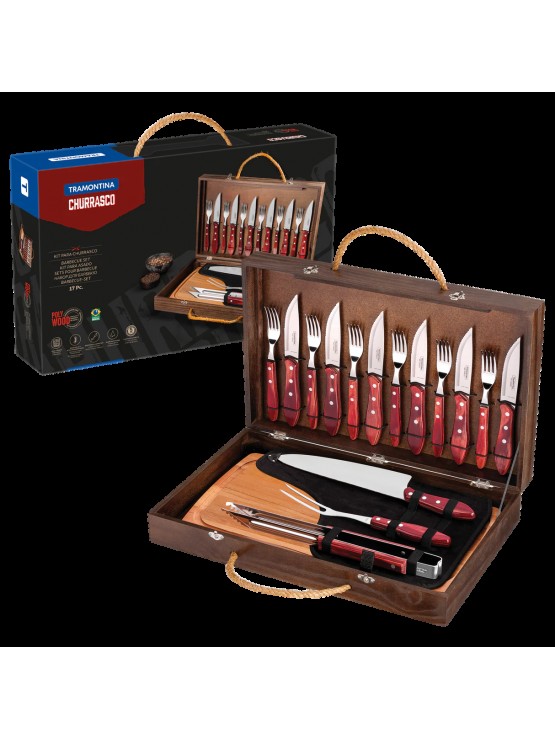 Conjunto de utensílios para corte de carne Tramontina Polywood, vermelho, com certificação FSC, 17 peças