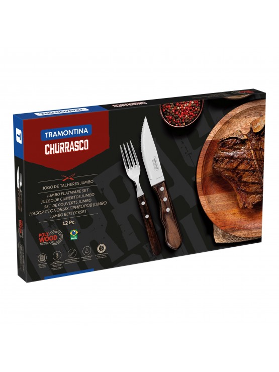 Conjunto de talheres para bife Jumbo Tramontina Polywood cor castanha, 12 peças