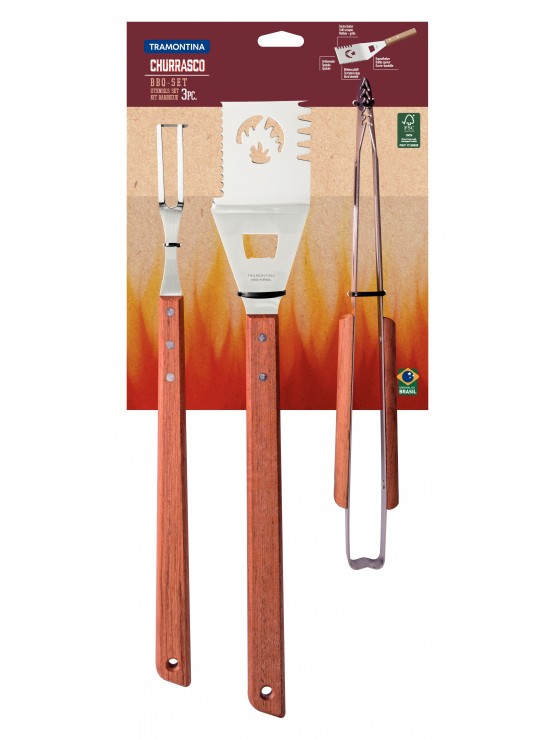 Conjunto de 3 peças de utensílios para churrasco Tramontina em aço inoxidável com cabos de madeira