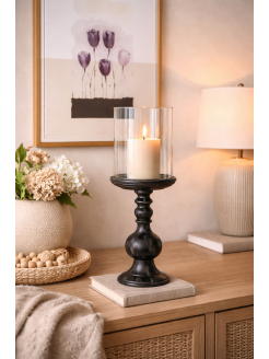 Castiçal Preto Cristal e Madeira