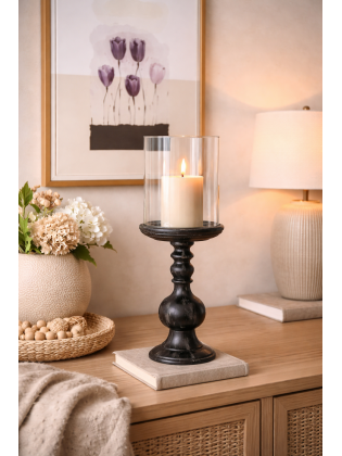 Castiçal Preto Cristal e Madeira