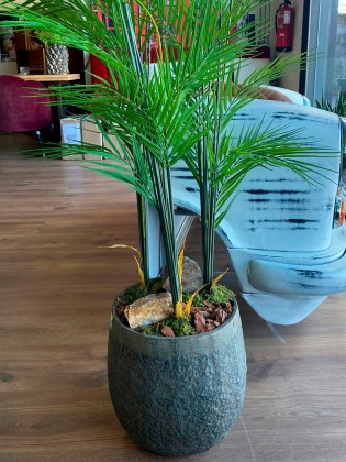 Vaso Bojudos Bonze/Cinza 31cm Com 3 Folhas de Palmeira